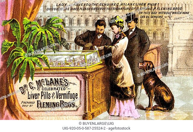 A Victorian medical tradecard for a quack medical cure showing a pharmacist selling the Fleming Brothers medicine. Lady - Have you the genuine McLane Liver...