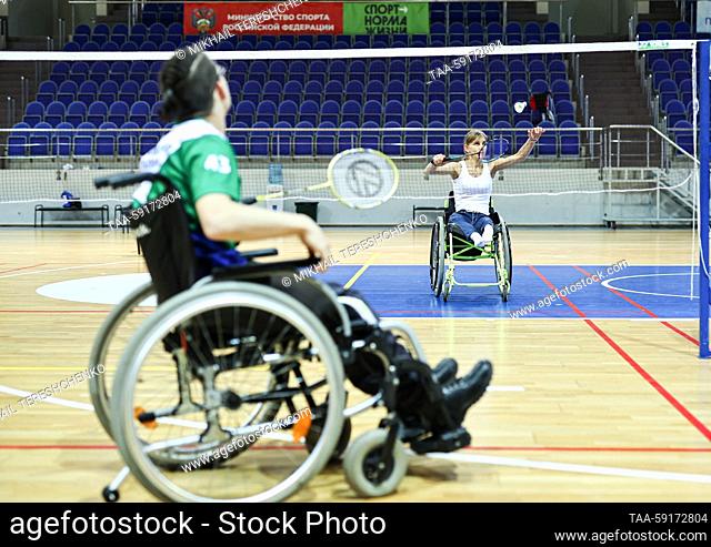 RUSSIA, MOSCOW REGION - MAY 18, 2023: A badminton match takes place as part of the Parafest Paralympic sports festival at the Borisoglebsky Sports Palace in...