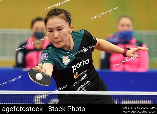 10 January 2021, Berlin: Xiaona Shan from ttc berlin eastside in action against F. Yu from SV DJK Kolbermoor in the final of the German Women's Table Tennis Cup...
