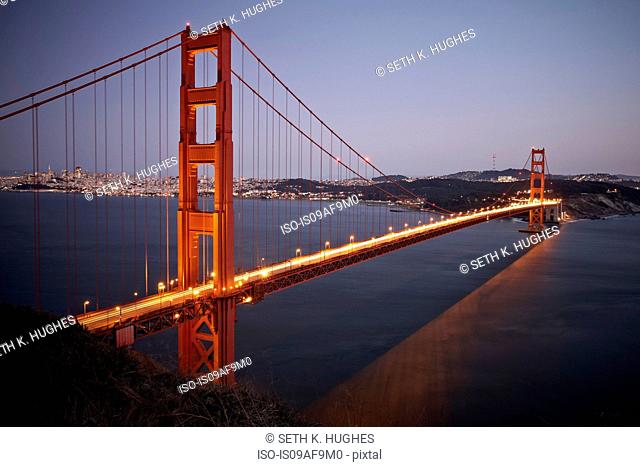 Scenic view of Golden Gate Bridge at dusk, San Francisco, California, USA