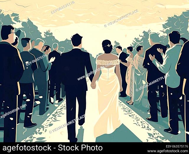 A significant clipart portraying the bride and groom walking down the aisle, hand in hand, surrounded by the admiration of their loved ones