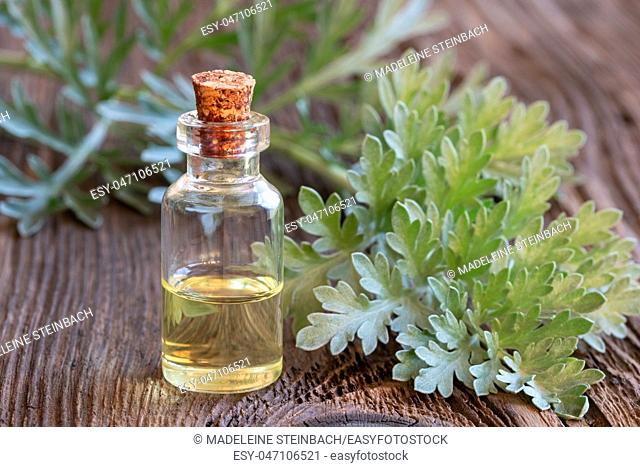 A bottle of wormwood essential oil with fresh Artemisia Absinthium twigs on a wooden background