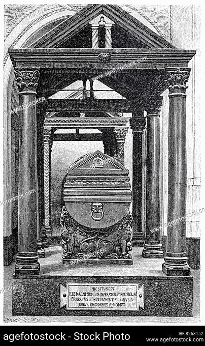 Das Grabmal von Kaiser Friedrich II. in der Kathedrale von Palermo, Sizilien, Italien, digitale verbesserte Reproduktion eines Originals aus dem Jahr 1880