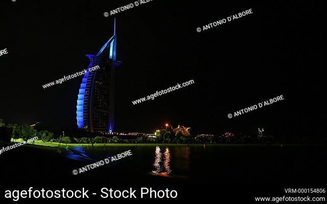 Night view of Burj Al-Arab, one of the most luxurious hotel in the world