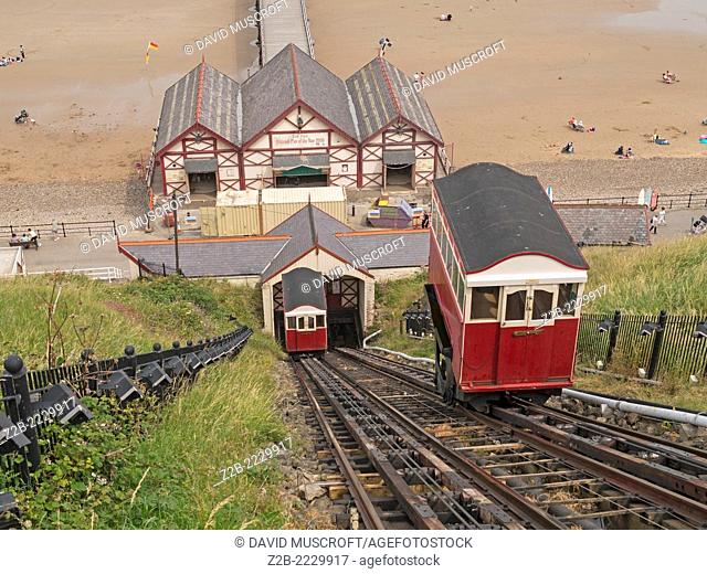 The water-driven passenger carrying tramway up the cliffs at Saltburn, North Yorkshire coast, UK