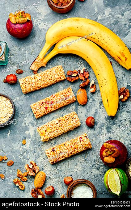 Granola energy bars with dried fruits, banana and nuts.Energy, sport, breakfast