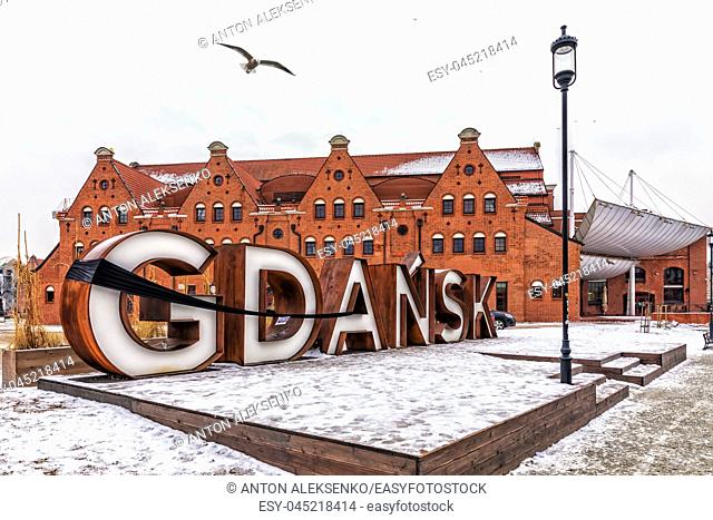 Gdansk, Poland - January 30, 2019: City sign with a mourning ribbon, winter view