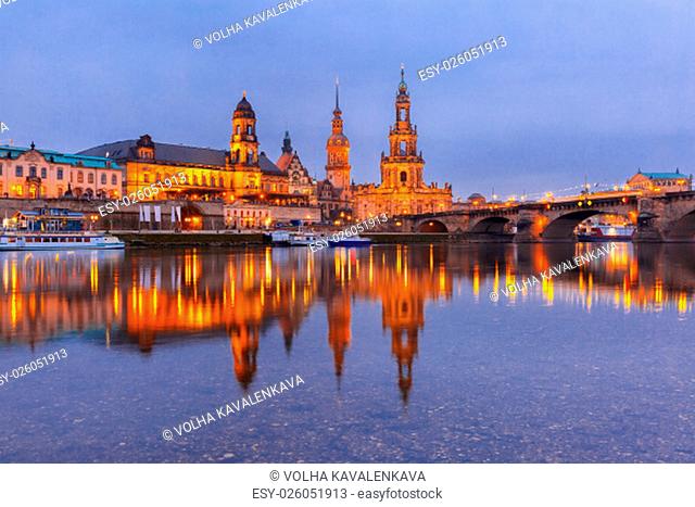 Dresden Cathedral of the Holy Trinity aka Hofkirche Kathedrale Sanctissima Trinitatis, Bruehl&#39;s Terrace aka The Balcony of Europe and Augustus Bridge with...