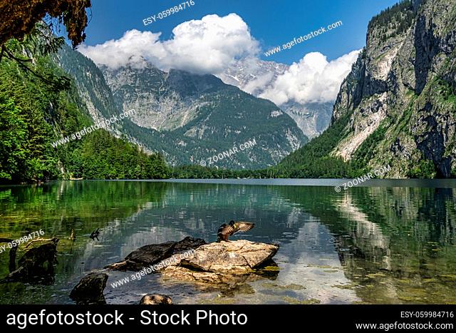 View of the Obersee Lake behind the Watzmann massif, Salet at Koenigssee, Berchtesgaden National Park, Bavaria, Upper Bavaria, Germany, Europe