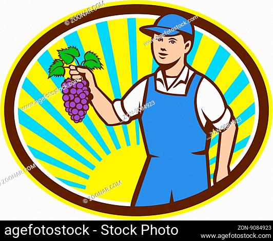 Illustration of an organic farmer boy wearing hat holding grapes viewed from the front set inside oval shape with sunburst in the background done in retro style