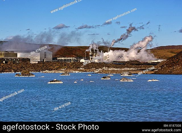 Svartsengi geothermal power plant with steam columns, Illahraun lava field, Blue Lagoon thermal bath, Grindavik, Reykjanes Peninsula, Iceland, Europe