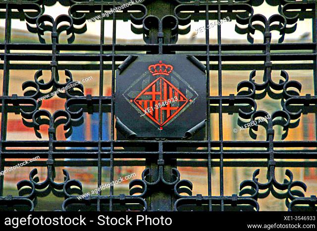 city ??coat of arms on wrought iron grating, Barcelona, ??Catalonia, Spain
