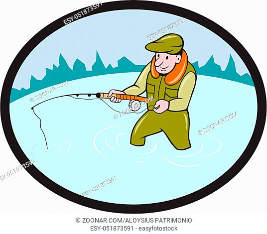 Illustration of a fly fisherman casting fly fishing rod viewed from the side set inside oval shape with mountains in the background done in cartoon style