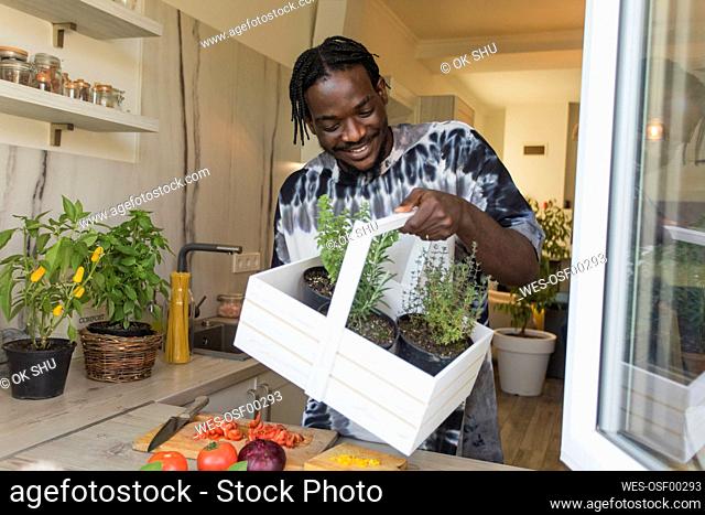 Smiling man holding basket with rosemary and thyme plants at home