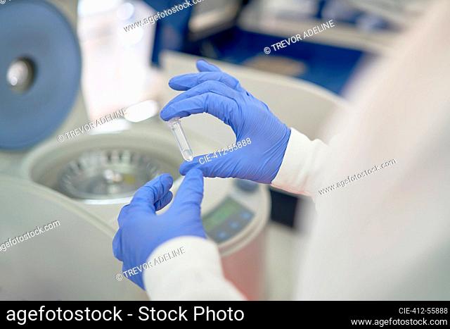 Close up scientist in rubber gloves placing specimen in centrifuge