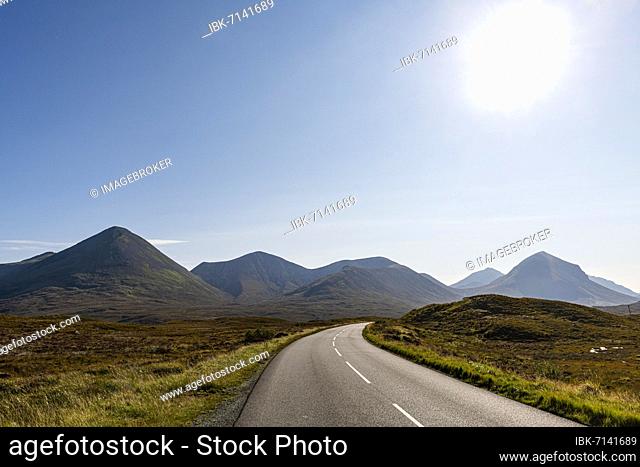 Road leading into the Black Cuillin ridge, Isle of Skye, Scotland, UK