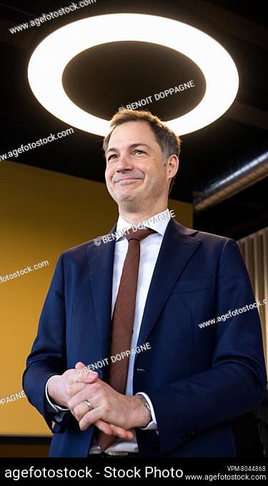Prime Minister Alexander De Croo answers questions during a press conference after a visit to the Exothera viral vectors manufacturer