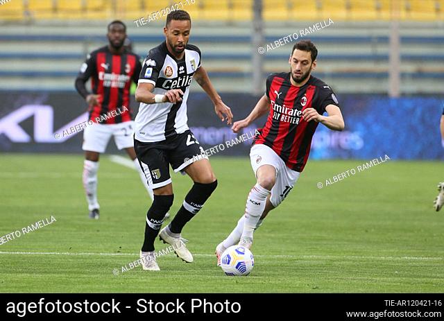 Hernani Azevedo Junior (Parma) Hakan Calhanoglu (Milan) during the match , Parma, ITALY-10-04-2021