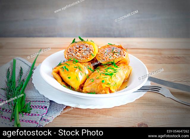 Stuffed cabbage rolls with minced meat and rice, served on a white plate on an old wooden table . Near green onion and dill