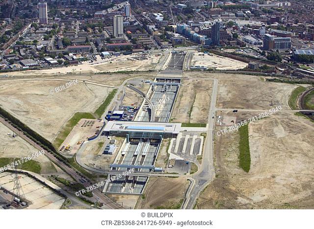 Aerial view of Stratford International DLR rail station under construction at the heart of the 2012 Olympic Park, Stratford, London, UK