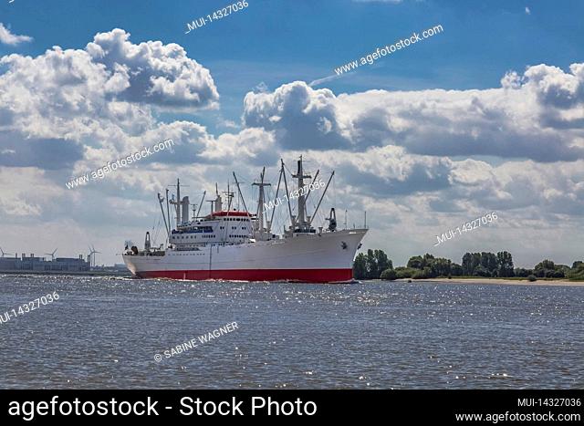 Traditional ship Cap San Diego underway on the Elbe River