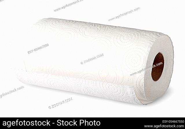 Roll white paper towels horizontally isolated on white background