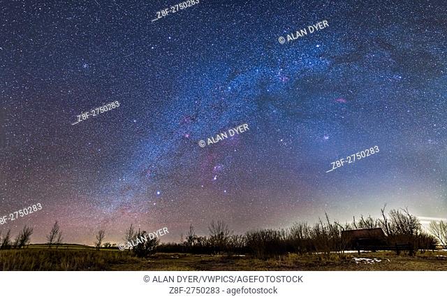 A mosaic panorama of the northern winter sky and constellations, taken February 27, 2016 from home in southern Alberta. Orion is near centre