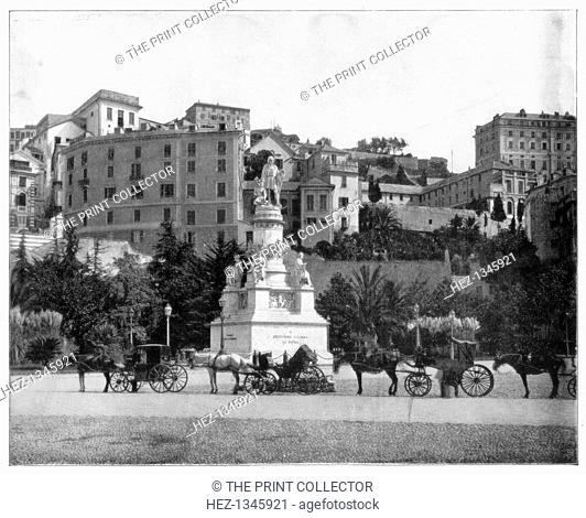 Statue of Christopher Columbus, Genoa, Italy, late 19th century. Photograph from Portfolio of Photographs, of Famous Scenes