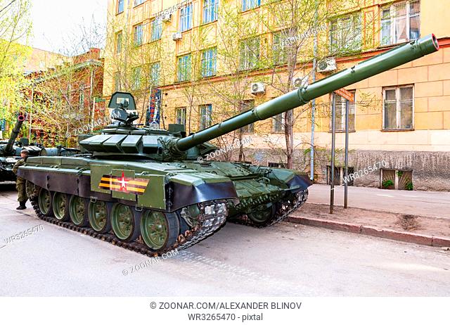 Samara, Russia - May 6, 2017: New military modified russian army main battle tank T-72B3M in green camouflage at the city street in Samara, Russia