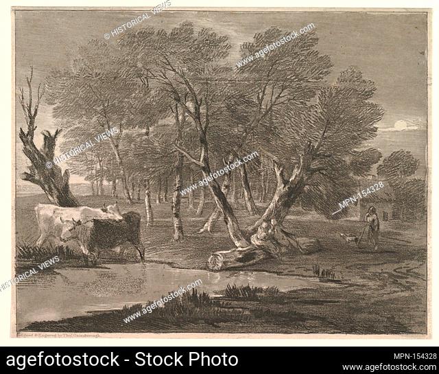 Wooded Landscape with Cows beside a Pool, Figures and Cottage. Artist: Thomas Gainsborough (British, Sudbury 1727-1788 London); Date: 1775-80; Medium:...