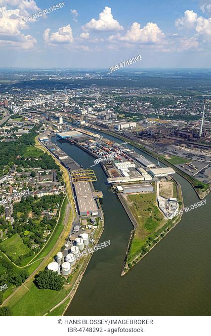 Aerial view, Rheinhafen Neuenkamp, ??inland port with entrance to the inner harbor, Duisburg, Ruhr Area, North Rhine-Westphalia, Germany