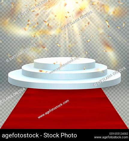 Transparent realistic effect golden shiny confetti flying. Red carpet and round podium with lights for event or award ceremony. EPS 10 vector file