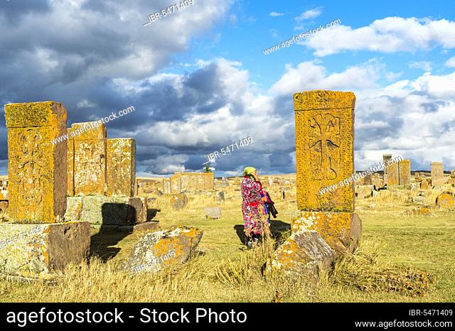 Medieval Khachkars carved memorial stele, Noratus cemetery, Lake Sevan, Gegharkunik province, Armenia, Caucasus, Middle East, For editorial use only, Asia