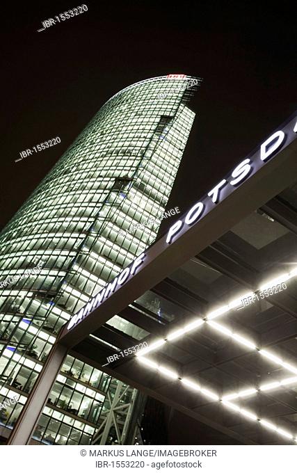 Entrance to Potsdamer Platz train station with the DB Tower, Berlin, Germany, Europe