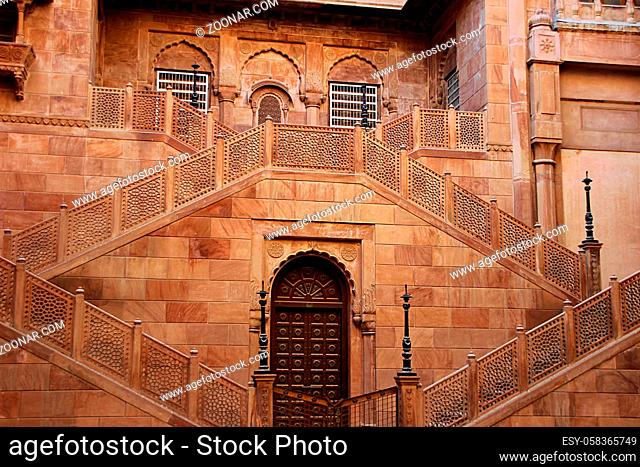 Red stone structure with twin staircases and embedded doors and windows at Junagarh fort, Bikaner, Rajasthan, India, Asia