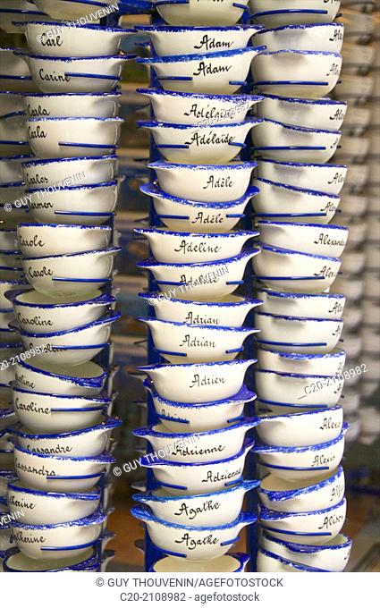 Typical cider bowls with printed names, for sale in a tourist shop, Dinard, Brittany, Ille et Villaine 35, France