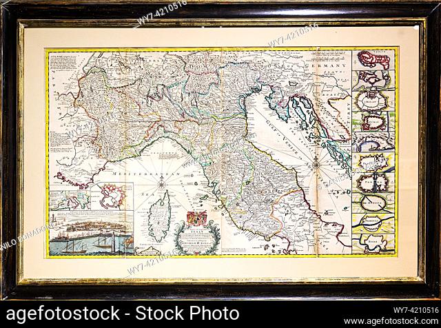 map of northern central italy from 1700, kept in london, casale monferrato, italy
