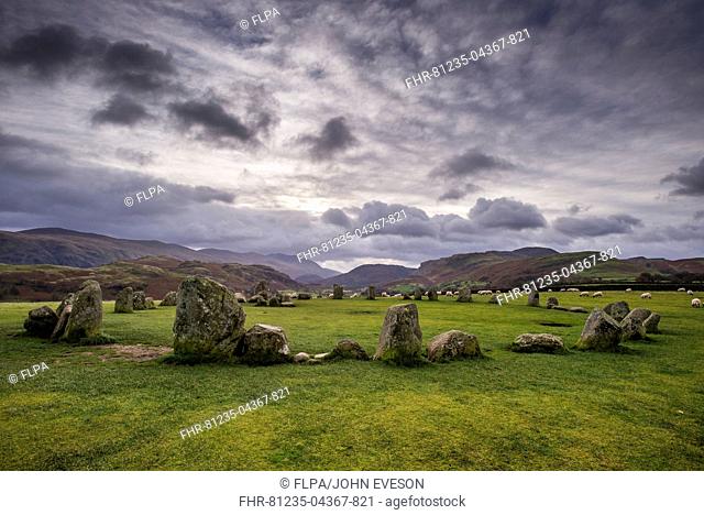 View of stone circle, Castlerigg Stone Circle, near Keswick, Lake District N.P., Cumbria, England, November