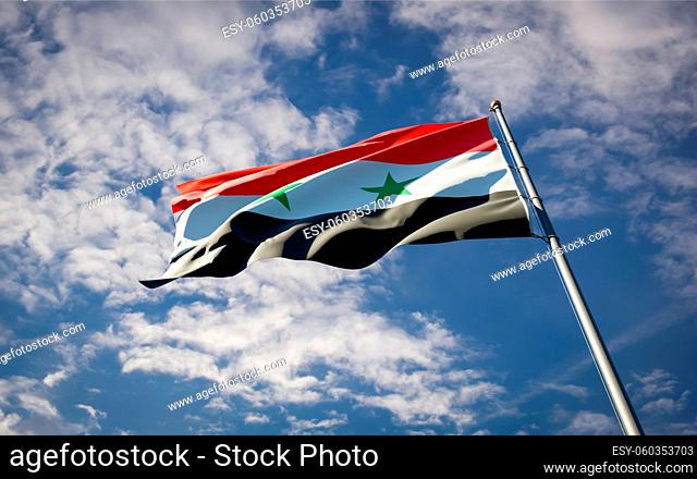 Beautiful national state flag of Syria fluttering at sky background. Low angle close-up Syria flag 3D artwork