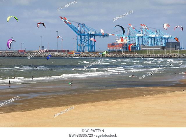 kitesurfers at the beach of Blankenberge with the harbour of Zeebrugge in the background, Belgium, West Flanders, Zeebrugge