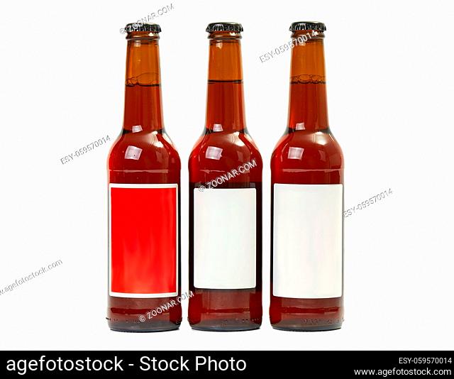 Beer bottles on pure white background, blank label