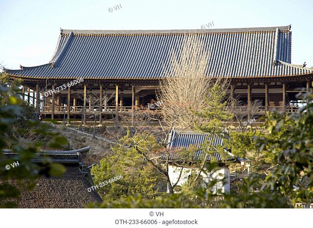 Senjokakau, the giant wooden hall, on Itsukushima Island (Miyajima), Japan