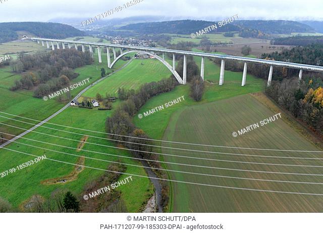 View of the new Inter City Express railway track with the Unstrut valley bridge near Karsdorf, Germany, 16 November 2017