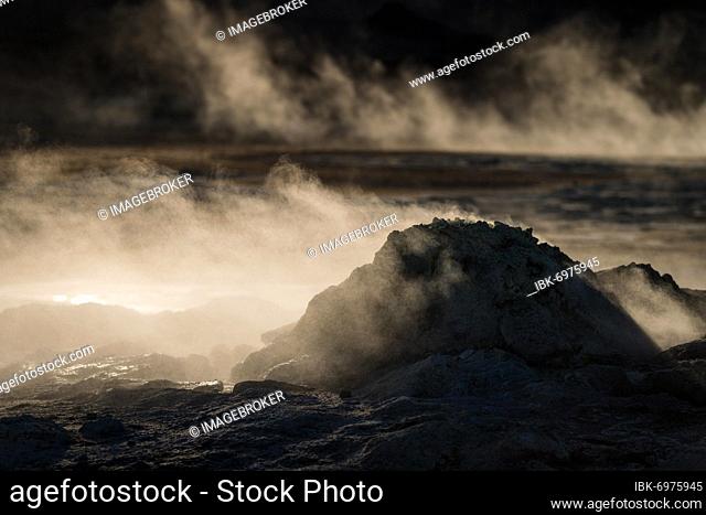 Backlight, Rising Steam, Fumarole, Námafjall, Mývatn or Myvatn, Krafla Volcano System, Northern Iceland, Iceland, Europe