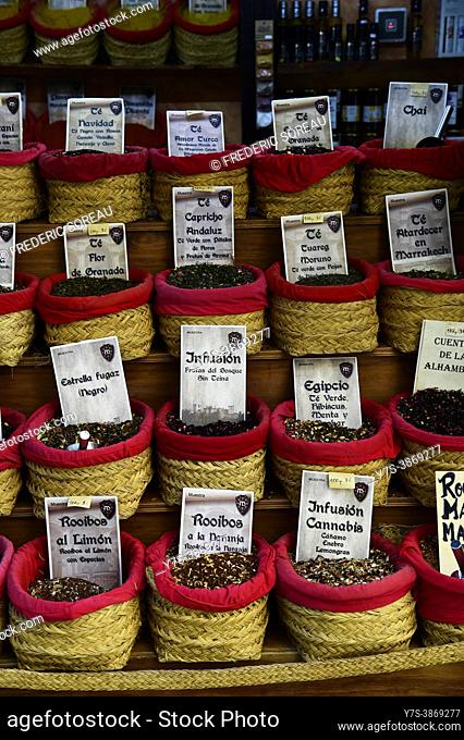 Loose leaf tea for sale in baskets at a market in Granada, Andalusia, Spain