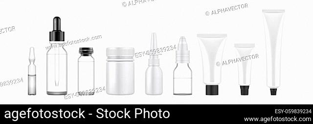 Realsitic cosmetic packages set. Collection of realism style drawn plastic bottles for beauty and skincare body facial liquid soaps