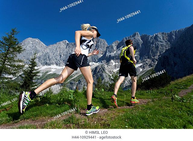 Trailrunning, Trail running, Trail, Ramsau, Dachstein, Styria, Austria, couple, woman, man, meadow, running, walking, run, mountains, mountain run, jogging