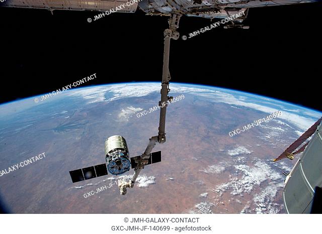 The International Space Station's Canadarm2 prepares to release the Orbital Sciences Corporation's commercial cargo craft after a month visiting the orbital...
