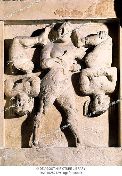Metopa with Heracles and Cercopi, 540-530 BC, tufa stone relief, 147x115 cm, Temple C of the Acropolis of Selinunte, Sicily, Italy
