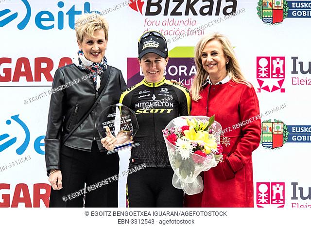 Amanda Spratt, winner of the stage, at the podium of the 2nd stage of UCI women cycling race Emakumeen Bira, at the Basque Country